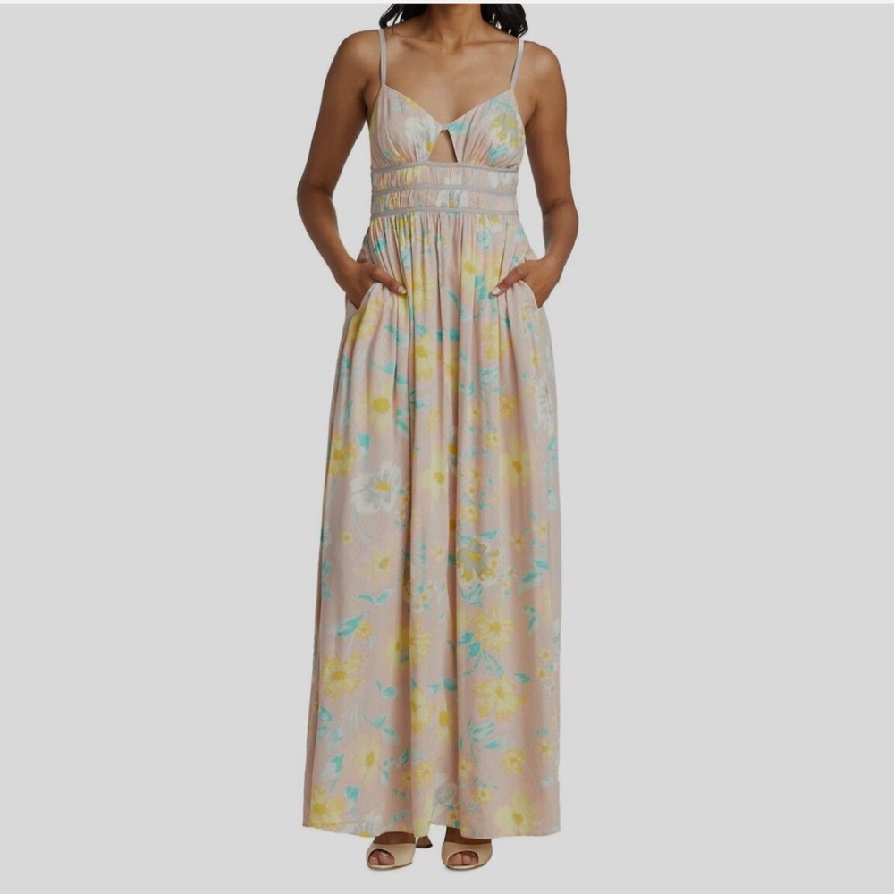 $148 Free People Women's Pink Floral Sleeveless V-Neck Cut-Out Maxi Dress Size L